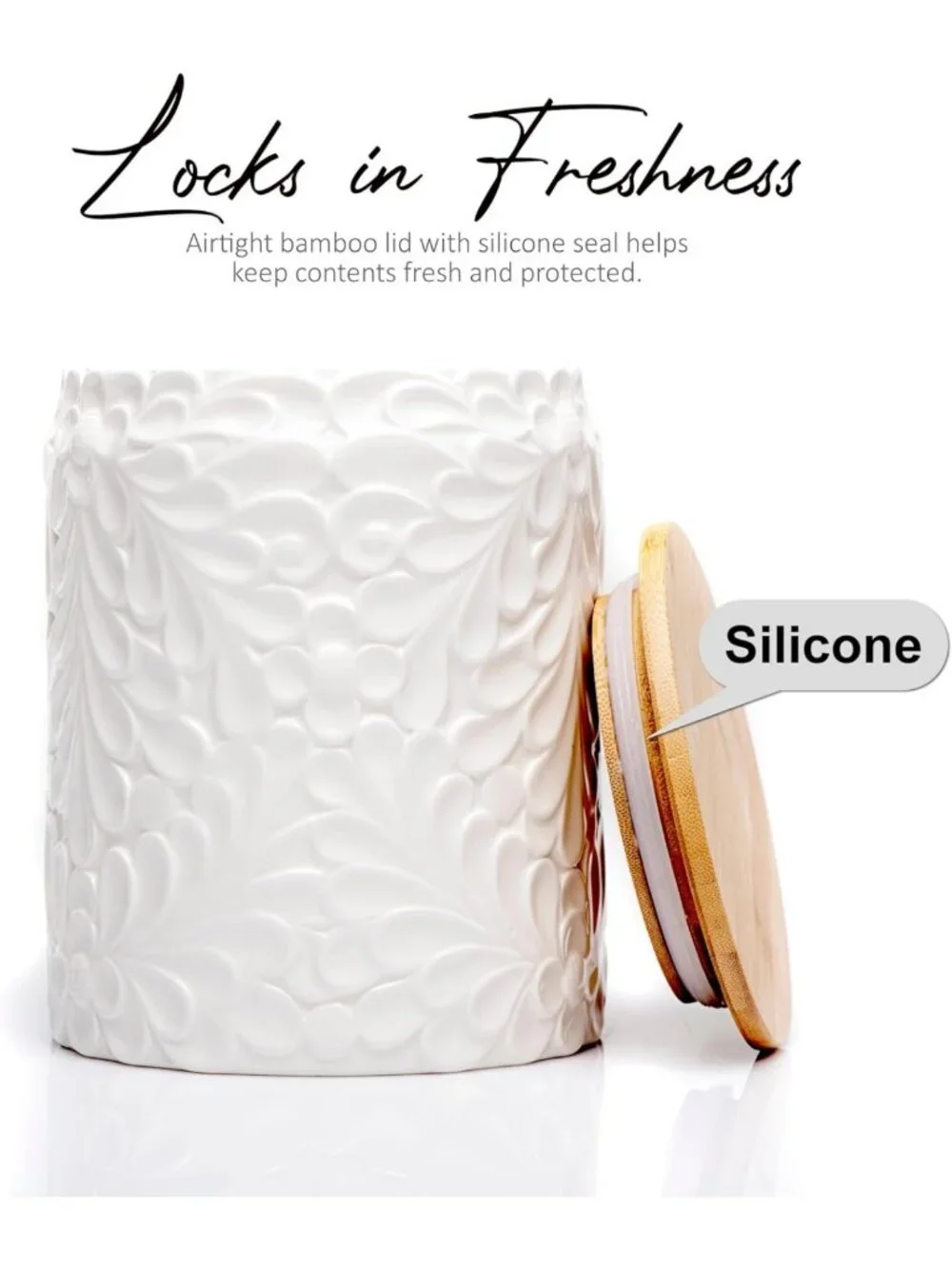 XXL 94 Oz Engraved Ceramic Kitchen Canister with Airtight Bamboo Lid - Versatile